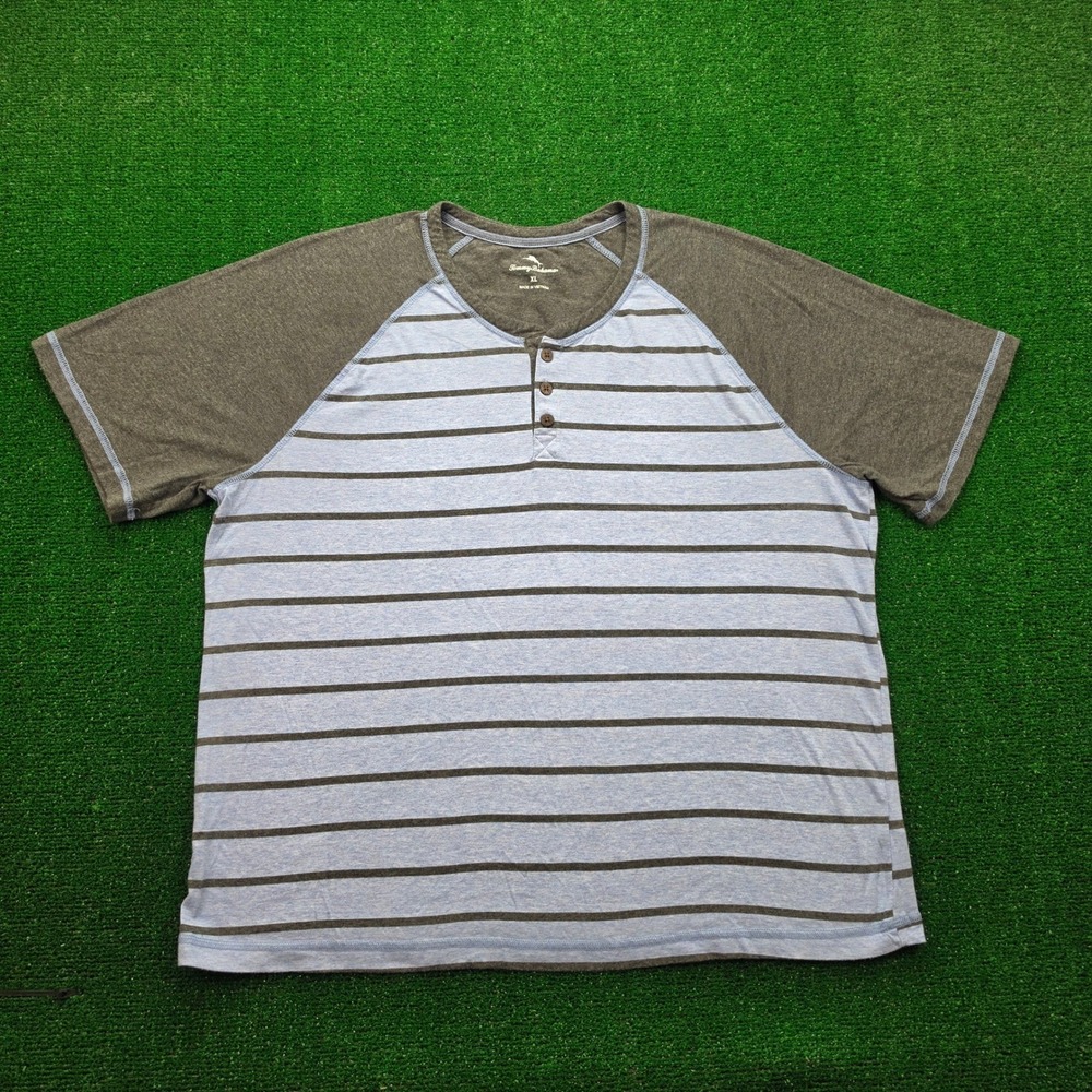 Tommy Bahama Henley Shirt Mens XL Blue Gray‎ Raglan Striped Summer Beach Casual